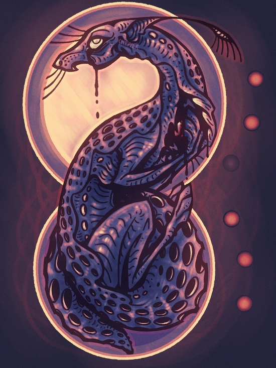 Digital illustration of the Spearmaster, a thin purple slugcat with rows of holes along their body and tail. They are curled in a fetal position, though their head is turned in the other direction. They glance upwards, tired and crying. Their chest has been opened and bleeds slightly, the dark red pearl being held there. There are 6 red dots to the right, one of which is unlit.