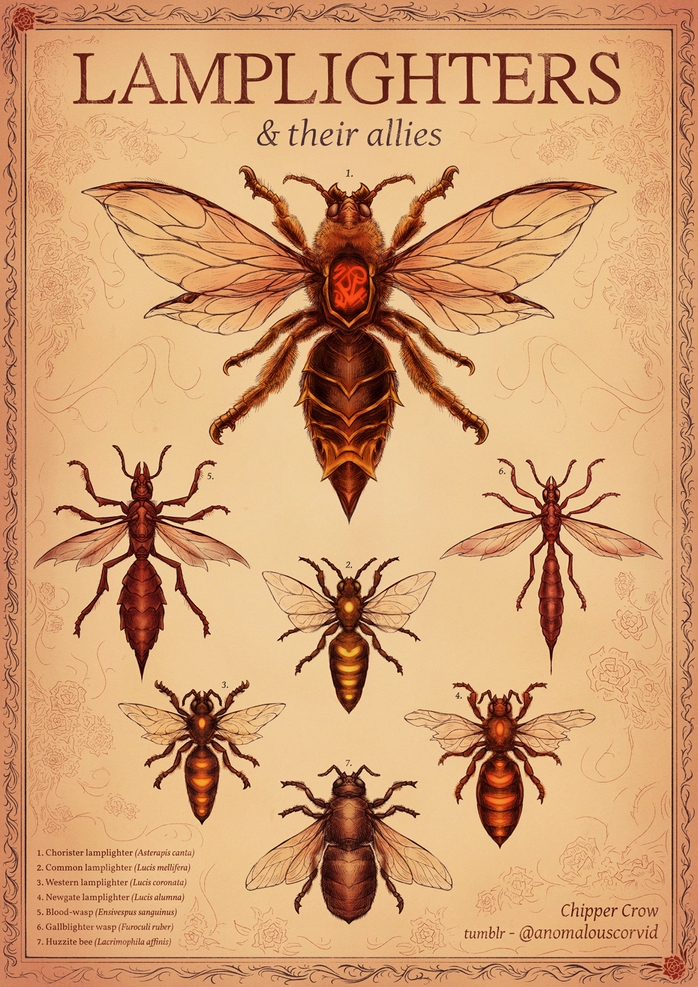 Digital illustration in the style of an old scientific print. It is of 'Lamplighters and their allies', depicting 7 bees/wasps from the Fallen London universe. They are the chorister bee (1, 'Asterapis canta'), common lamplighter (2, 'Lucis mellifera'), western lamplighter (3, 'Lucis coronata'), Old Newgate lamplighter (4, 'Lucis alumna'), blood-wasp (5, 'Ensivespus sanguinus'), gallblighter (6, 'Furoculi ruber'), and huz bee (7, 'Lacrimophila affinis').