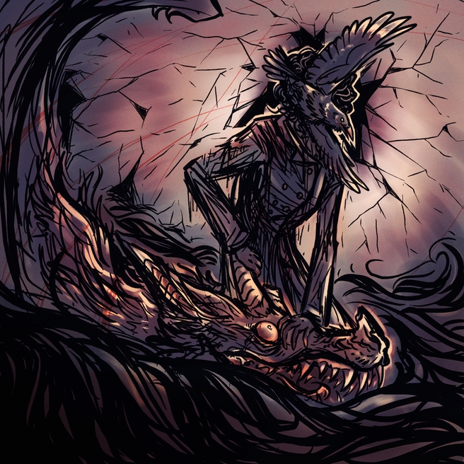 Digital illustration of October and Mr Mirrors from Fallen London. October, face hidden by a raven, is forcing Mirror's head beneath the surface of a dark sea as it snarls at her - both look ragged. The background has cracks, as if it is glass, with a jagged hole behind October herself.