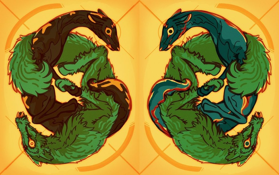 Digital illustration, in a risograph-like style. One half shows the Saint (a fluffy green slugcat) and the Judge (a black-and-gold slugcat), curled in a pose that mirrors each other. Each curls their tail around the other, gripping the other's wrist while about to kick them. They have wide-eyed expressions, with faint ascension symbols over their heads. The other shows Inv in the Judge's place.