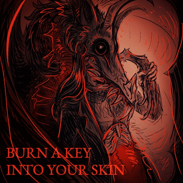Digital illustration in a scribbly style of Carrie, a Fallen London OC. Her face is obscured by the jawless head of the Vake, who stands over her. She grabs its wrist tightly. Both would appear to have been cut open along the underside, with their insides visible, though neither has any organs - only bones are shown. Text in the bottom left: 'Burn a key into your skin'.